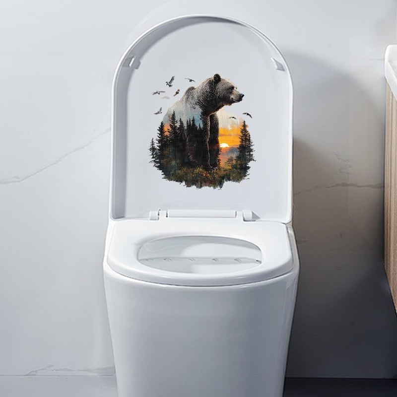 Iprokiu Funny Animal Toilet Seat Cover Decal Waterproof Cartoon Dog Cat Toilet Seat Lid Sticker Dinosaur Duck Washroom Bathroom Decal Home Wall Sticker (Side Bear) - Image 1
